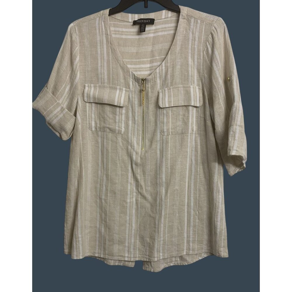 Ellen Tracy M Linen Lightweight Striped Coastal Blouse Casual